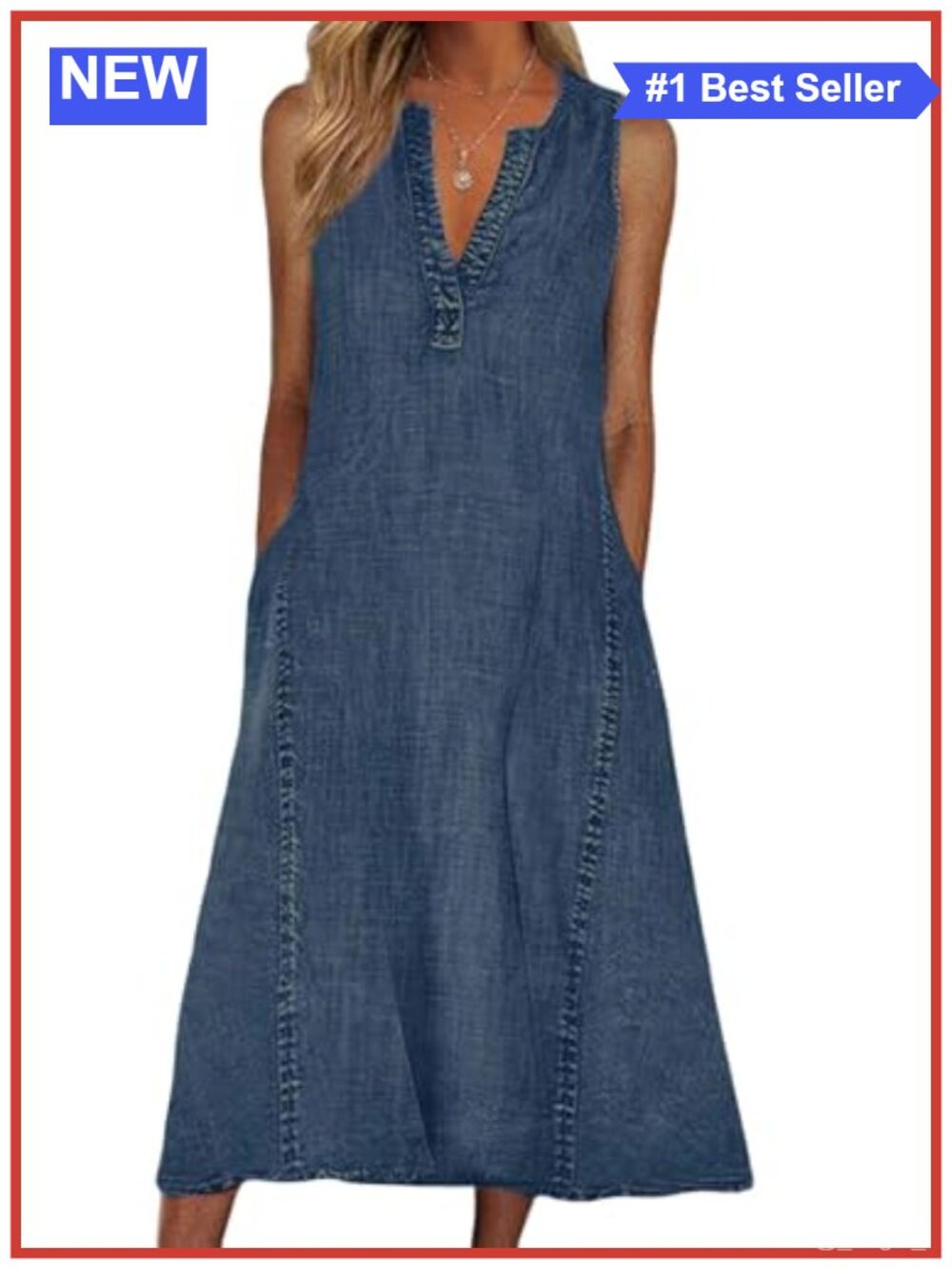 Sleeveless Denim Midi Dress V-Neck A-Line Shift Jean Jumper